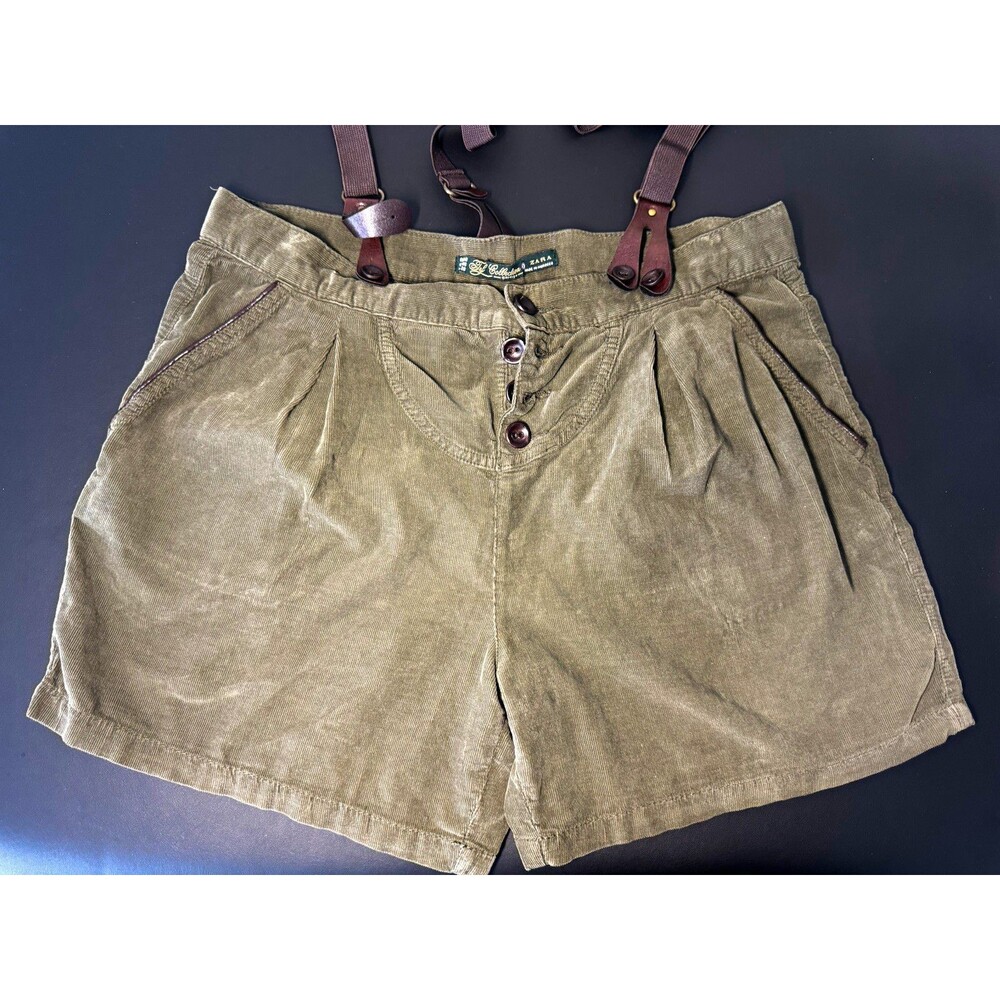 Zara Woman TRF Olive Green Corduroy Suspender Shorts - Size 6 (EUR 38)